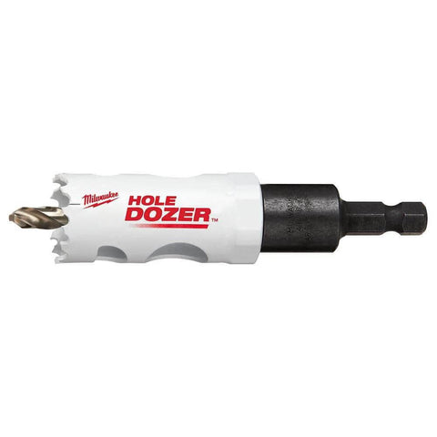 Milwaukee Hole Dozer hole saw with white outer shell and black arbor, front view