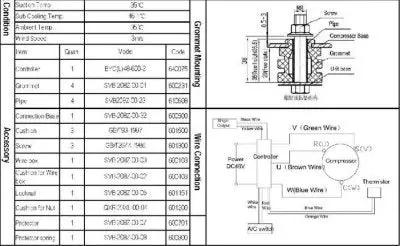 Diagram showing components and wiring for Heavy Duty Dc 48V Horizontal Air Conditioner Compressor R134a Cooler.