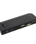 Universal USB 3.0 Docking Hub With Dvi Vga Display And Gigabit Ethernet For Laptop Desktop, black multi-port dock with USB and video ports.
