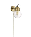 Mid Century Modern Glass Globe Plug In Wall Sconce With LED Bulb, Gold Satin Brass Finish, Adjustable Clear Glass Shade, Easy Mount