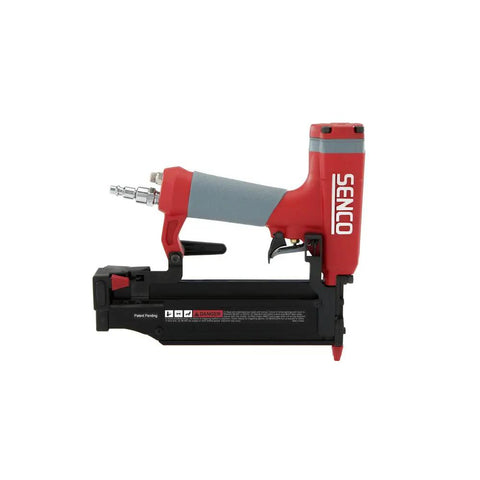 Pro Grade Pneumatic Pin Nailer For Cabinet Trim And Fine Woodworking Ships Ready Using Twenty One Gauge Straight Collated Pins From Half Inch To Two Inches side view with ergonomic grip.