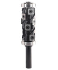 Rock Solid Spiral Flush Trim Router Bit Set With Half Inch Shank Dual Bearing Template Guide and Replaceable Carbide Inserts for No Sweat Routing Shop Standard Reliability, close-up view of carbide bit with double bearings.