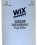 WIX Filters fuel filter with 33528 label, a Cat Engines Fuel Filter Replacement 2 Micron High Efficiency Filtration for heavy equipment.