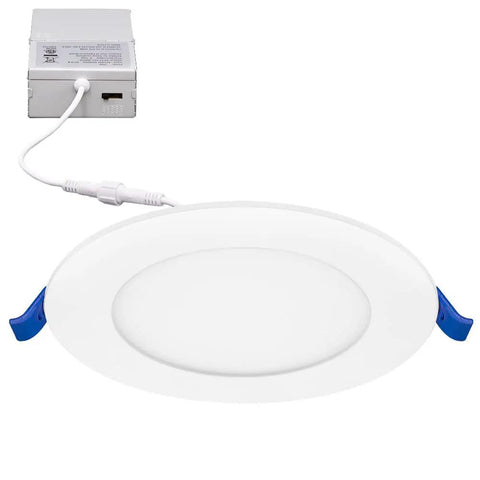 12 Pack 4 Inch Ultra Thin Recessed Led Downlights With 5 Color Temperature Selectable 2700K Through 5000K 750 Lumens Per Light Slim Canless IC Rated Dimmable Ceiling Light With J Box showing LED light and J-box