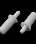Two white spring loaded shutter louver replacement pins from the Twenty Piece Collection Of Spring Loaded Shutter Louver Replacement Pins Providing A No Sweat Upgrade For Fast Air Vent Repairs Using Heavy Duty Matte White Plastic Components.