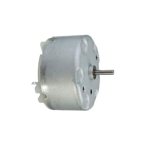 Side view of Two Pack Micro DC Motor 1.5V To 5V 2700RPM Mini Electric Motor 32mm Diameter RF 500TB 18280 with metal body and shaft.