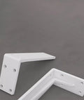 Heavy Duty L Bracket Shelf Support Wall Mount Storage White Metal Corner Brace Kit With Screws And Wall Plugs 2 Pack Rust Resistant Hardware, two white iron brackets displayed.