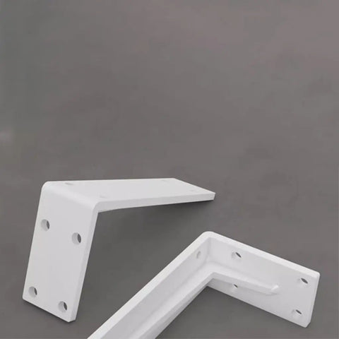 Heavy Duty L Bracket Shelf Support Wall Mount Storage White Metal Corner Brace Kit With Screws And Wall Plugs 2 Pack Rust Resistant Hardware, two white iron brackets displayed.
