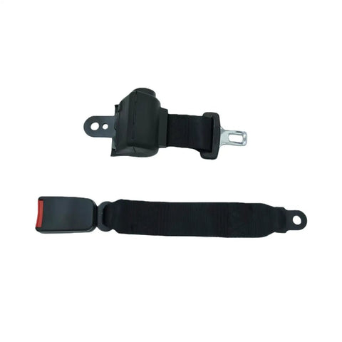 Universal Golf Cart Seat Belt Kit Restraint System Heavy Duty Adjustable Safety Harness Built To Last For Golf Carts And UTVs Easy Install With Basic Tools Included Black, shown in flat position with buckle and strap details.
