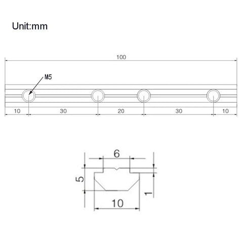 Technical drawing of 10 Pcs Straight Line Inside Connector Brackets With M5 Screws for 6mm T Slot Aluminum Extrusion, dimensions in mm.