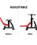 Hydraulic Motorcycle Lift Stand With Adjustable Deck Height 9.92 To 18.11 Inches, 150 Kg Capacity, Dirt Bike Jack Hoist, side view before and after adjustment