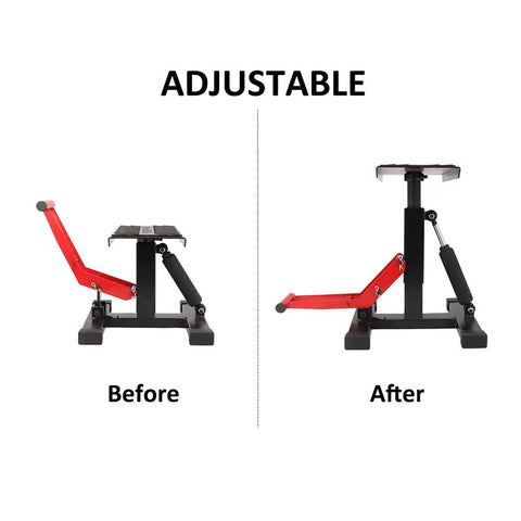 Hydraulic Motorcycle Lift Stand With Adjustable Deck Height 9.92 To 18.11 Inches, 150 Kg Capacity, Dirt Bike Jack Hoist, side view before and after adjustment
