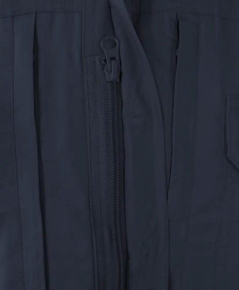 Close-up of zippered pocket detail on Men's Short Sleeve Tactical Shirt In LAPD Navy Blue With Teflon Stain Repellent Finish.