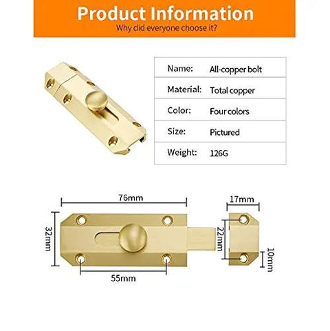 Genuine Solid Copper Door Slide Latch And Heavy Duty Barrel Bolt Lock For Home Gate Security Rock Solid Built Tough surface mounted latch