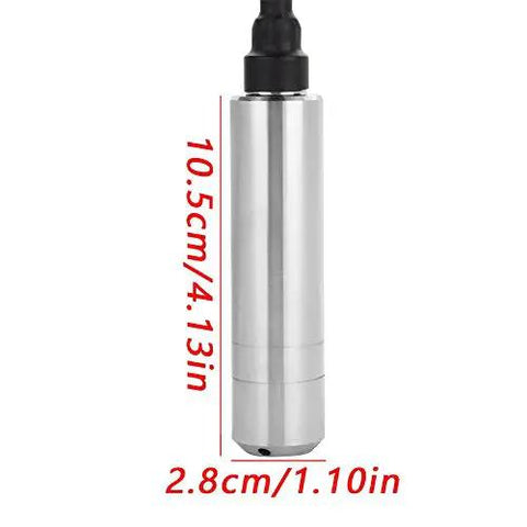 DC 24V 4-20mA Water Level Transmitter Plug-In Type Level Sensor For 0 To 5 M Range Anti-Bending Probe With 6 M Cable Works With PLCs Digital Displays And Data Recorders, chrome steel casing, dimensions labeled.