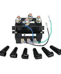 Universal 12V 500A winch solenoid relay contactor for heavy duty upgrades, off-road trucks, and ATVs with protective covers shown