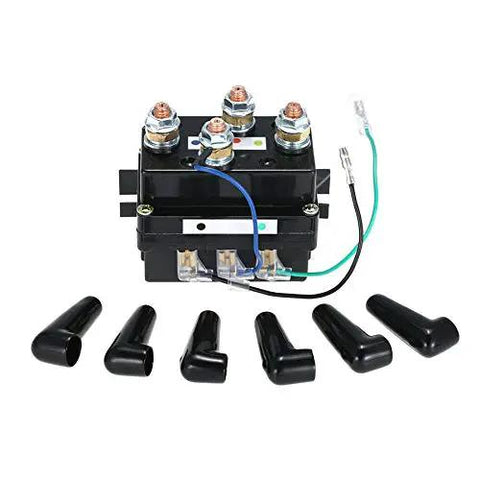 Universal 12V 500A winch solenoid relay contactor for heavy duty upgrades, off-road trucks, and ATVs with protective covers shown