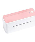 Cool 4x6 Thermal Shipping Label Printer With Wireless Bluetooth And USB For Fast Express Barcode Printing. Compact design in pink and white.
