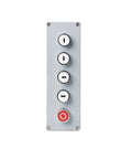 Front view of a metal push-button control panel with five round buttons: four white directional arrows and red emergency stop.