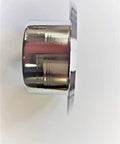 Six Pack Half Inch Npt Semi Recessed Fire Sprinkler Trim Ring Chrome Plated viewed from the side, showcasing its slick finish and heavy duty design.