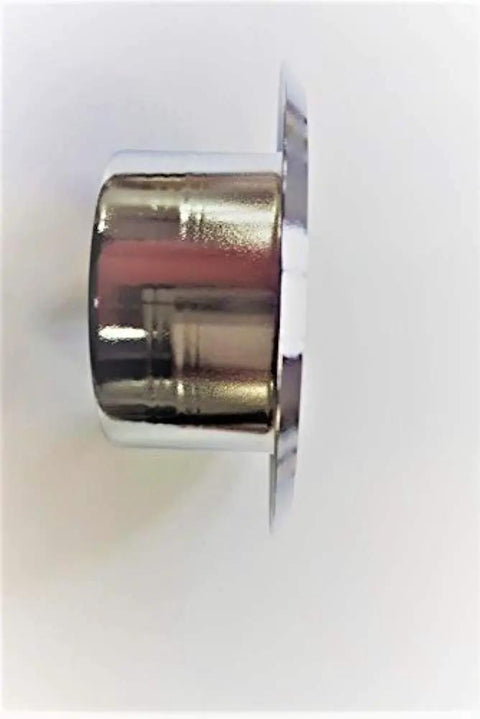 Six Pack Half Inch Npt Semi Recessed Fire Sprinkler Trim Ring Chrome Plated viewed from the side, showcasing its slick finish and heavy duty design.