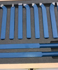 11-piece blue carbide-tipped lathe cutter tool set with 10x10 mm tips in a foam-lined wooden case