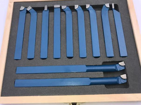 11-piece blue carbide-tipped lathe cutter tool set with 10x10 mm tips in a foam-lined wooden case