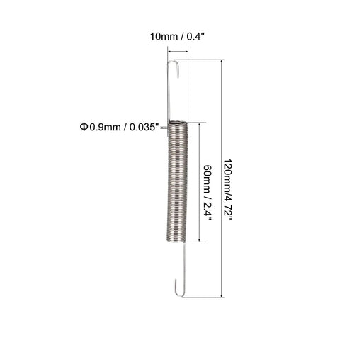 Front view of steel extension spring with dual hooks, 0.9mm wire, 10mm OD, 120mm length, 2 pcs