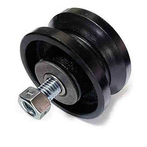 Tough As Nails 4 Inch Steel Roller Bearing V Groove Wheel For Sliding Gate Track With Sealed Bearings 900 Lb Capacity Smooth Rolling Black Finish No Bracket Needed, showing a detailed view with bolt.
