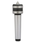 MT2 heavy-duty live tailstock center for wood/metal lathe, silver shaft with black band, front view