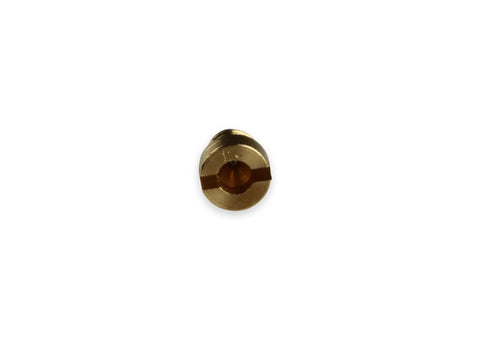 Close-up of a Replaceable Air Bleed Jet Size 23 for Carburetors, 0.023 in ID Brass, 10 Pack, showing the threaded brass component