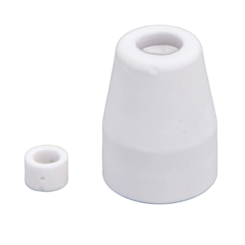 Grab Your Ultimate 65 Pcs Plasma Cutter Consumables Kit With Premium Ceramic And Copper Nozzles Built For Tough Cutting Jobs That Last Forever And Keep Performance Top Notch, featuring white ceramic nozzles in two sizes.