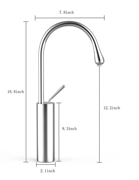 Vessel Sink Chrome Faucet With Single Hole Slick Modern Single Handle Lavatory Faucet Water Drop Faucet Solid Brass Ceramic Cartridge Easy Install Bathroom Faucet FW-FA105 side view with measurements