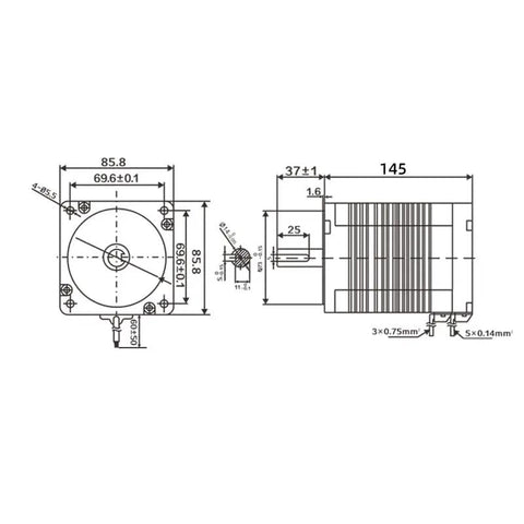 Technical diagram of 48V 750W 3000 RPM Brushless DC Motor with 86mm square frame, beefy torque, and low voltage for CNC machines and robotics.