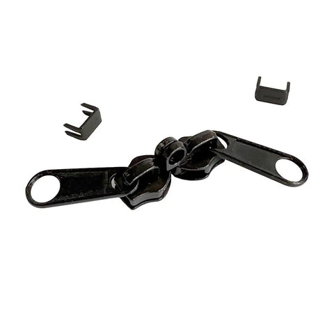 Two Pack Zipper Repair Kit With Size 8 Slider Keyhole Long Pull Non Lock Including Stoppers For Nylon Coil Zippers Replacement For Luggage Bags Backpacks Choose Color Black, showing black pulls and stoppers.