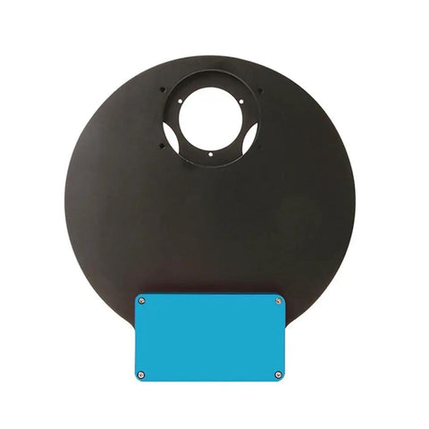 Front view of Electric Filter Wheel for Astronomy Imaging with 3 Interchangeable Filter Disks, circular design.