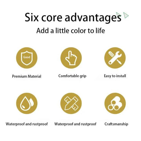 Infographic showing six advantages of gold matte cabinet pull: premium material, comfortable grip, easy install, waterproof, rustproof, craftsmanship.