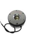 Front view of round electromagnetic brake housing for forklift equipment, featuring central splined bore and wiring.
