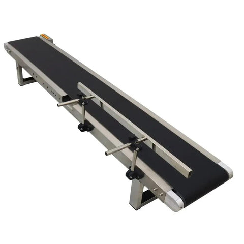 Desktop PVC Conveyor Belt System With Adjustable Speed For Industrial Transport Guardrail 59 Inch Long And 7.8 Inch Wide Black Belt 110V Stainless Steel Frame Pro Grade Heavy Duty Anti Wear Heat Oil Resistant, side view