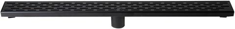 32 Inch Linear Shower Drain With Slick Black Matte Trim Guides Flow Fast Using Boss Level 14 Gauge 304 Stainless Steel and packs a quick snap out debris basket.