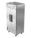 Straight Up Heavy Duty Commercial Two Door Refrigerator 35 Cubic Feet Stainless Steel With Digital Temperature Controls side view with sleek design.