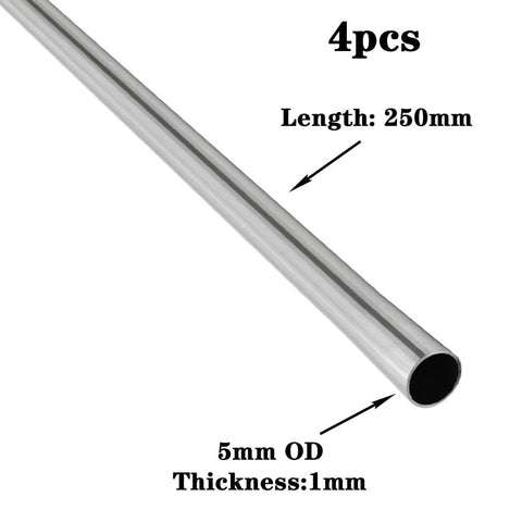 Diagonal side view of JoyTube 304 stainless steel tube, 5mm OD, 1mm wall, 250mm length, 4-piece set