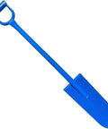 Blue heavy duty all steel sharpshooter shovel with long handle and hardened heat sharpened chromoly 15 inch head for breaking hard soil slayin roots and pipes.