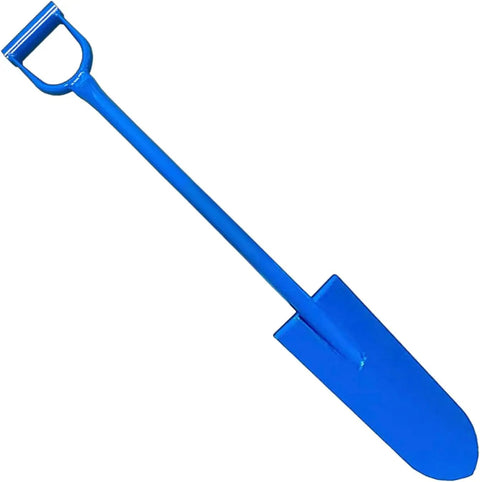 Blue heavy duty all steel sharpshooter shovel with long handle and hardened heat sharpened chromoly 15 inch head for breaking hard soil slayin roots and pipes.