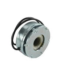 Front view of silver electromagnetic brake assembly with black wiring for forklift use.