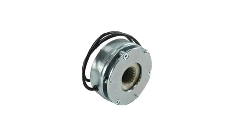 Front view of silver electromagnetic brake assembly with black wiring for forklift use.