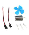 Wind Turbine Generator Kit For DIY Projects And Teaching Models With 12V Turbine Motor That Converts Wind Into DC 0 To 20V Power Compact 25mm By 31mm Size And Easy Plug And Play Electrical Components For Education, showing components including motor, wires, and blue blades