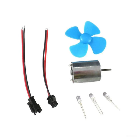 Wind Turbine Generator Kit For DIY Projects And Teaching Models With 12V Turbine Motor That Converts Wind Into DC 0 To 20V Power Compact 25mm By 31mm Size And Easy Plug And Play Electrical Components For Education, showing components including motor, wires, and blue blades