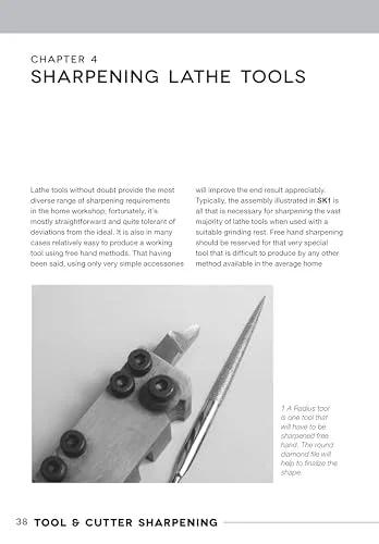 Book page from Tool & Cutter Sharpening showing lathe-tool sharpening with grinding rest (black-and-white photo)