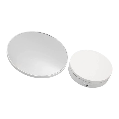 Hot 360 Degree Rotating Display Stand With Electric Motorized Turntable And USB Cable For Perfect Plastic Glass Showcase Of Jewelry Watches And Cakes In Crisp White, two components on a white background.